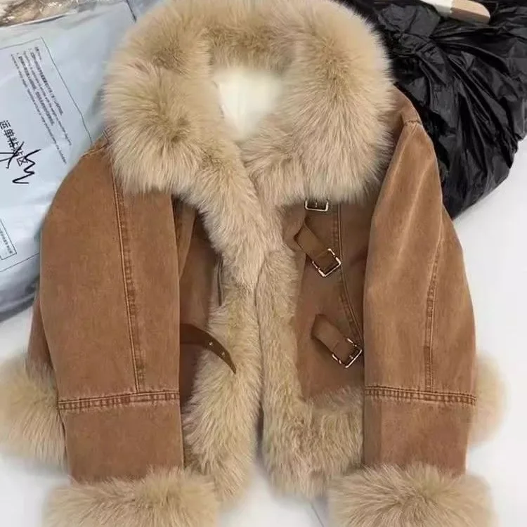

2025 New Women Winter Retro Fur Stitching Denim Cotton Jacket Loose Plus Velvet Thicken Cardigan Fur Coat Women Warm Denim Coat