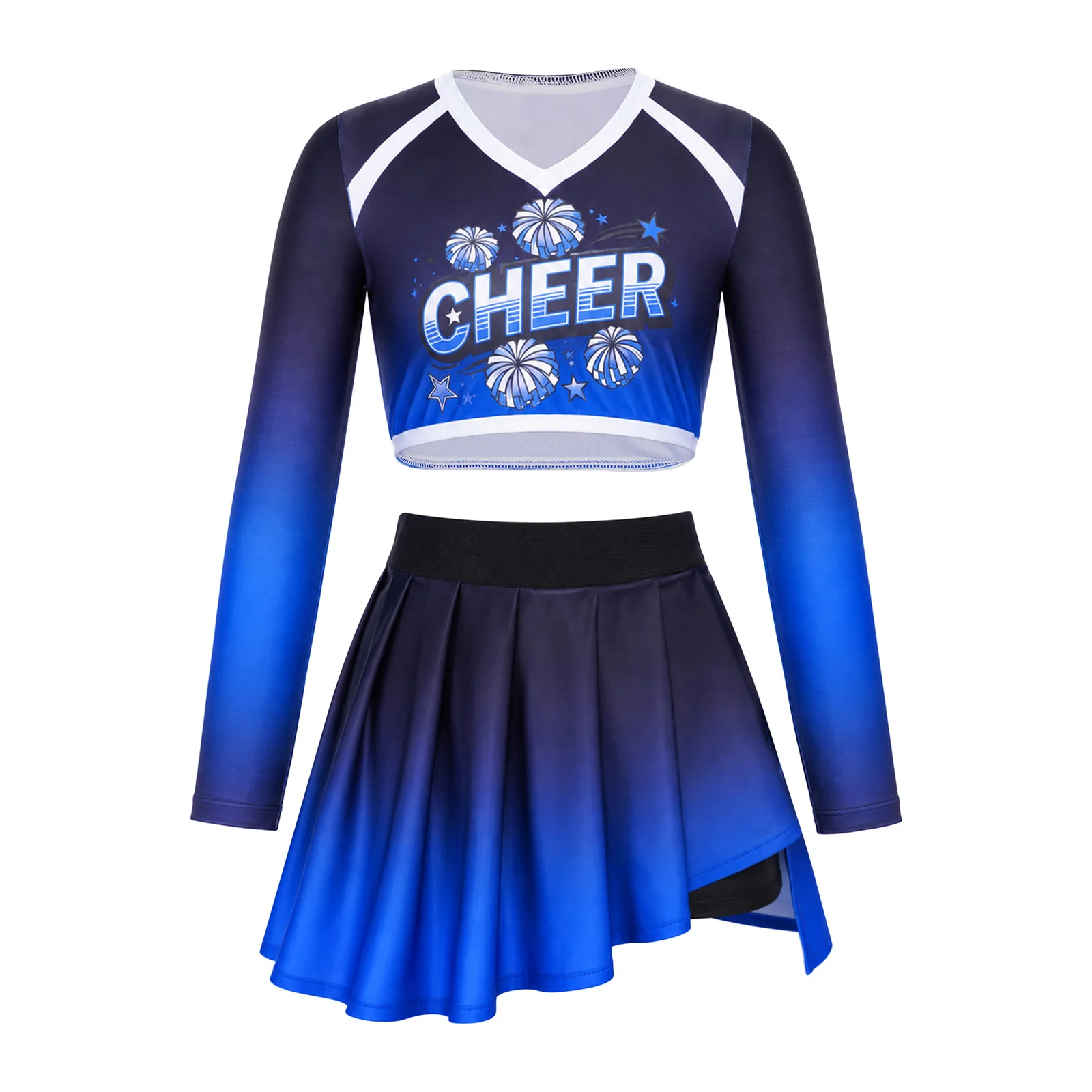 Cheerleader-Kostüm für Mädchen mit Farbverlauf, CHEER-Buchstabendruck, langärmeliges Crop-Top mit V-Ausschnitt, asymmetrischer Rock, Kinder-Cheerleading-Uniform – Detail 9
