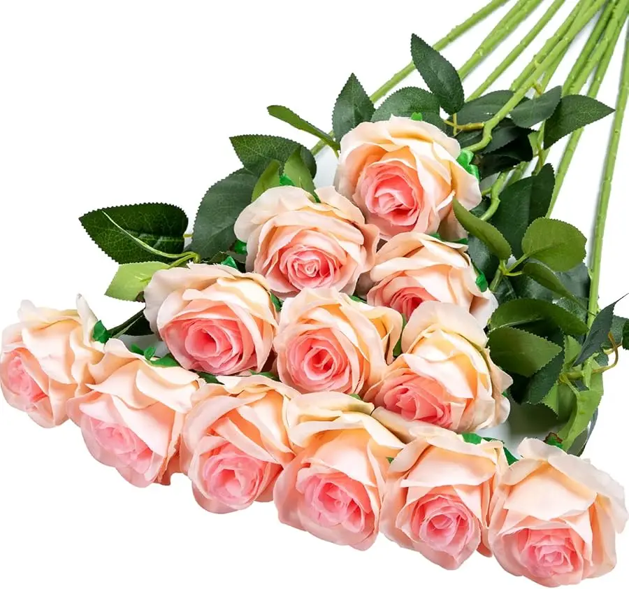 

12PCS Artificial Silk Flowers Realistic Roses Bouquet Long Stem for Home Wedding Decoration Party (Gradient Light Pink)