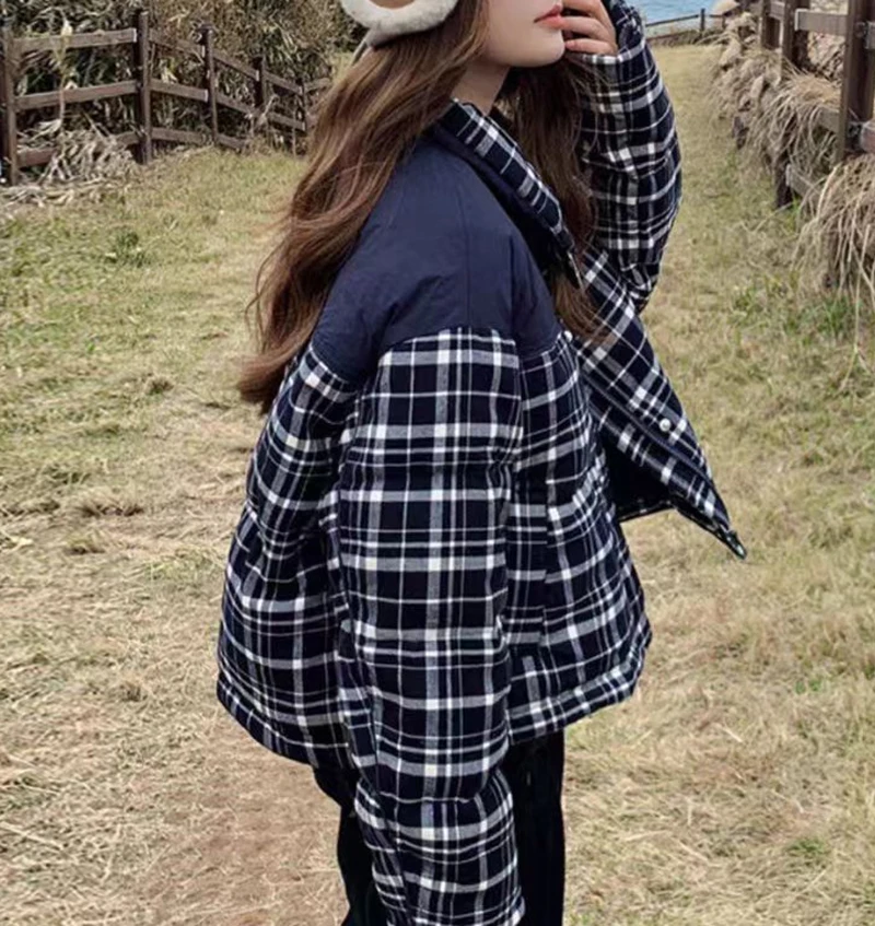Winter Plaid Patchwork Parkas Women Preppy Style Loose Stand Collar Thick Warm Puffy Coats Retro All Match Cropped Outwear Tops