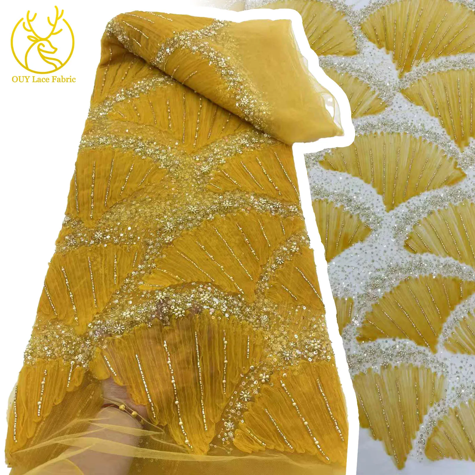 

African Sequin Beaded Lace Fabric 2025 High Quality Embroidered French Nigerian Lace Fabric for Wedding Sewing Materials 5 Yards