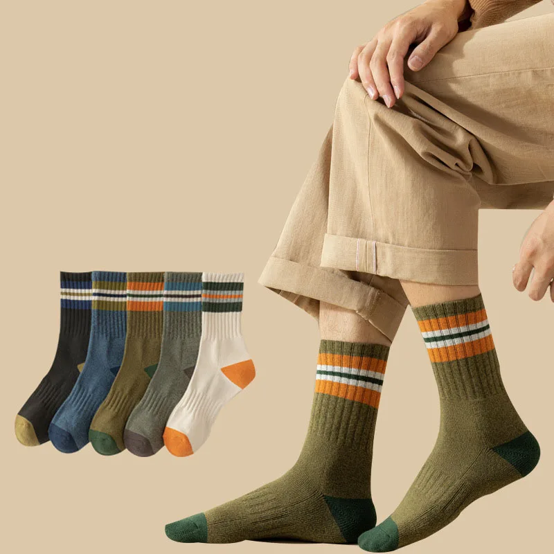 Calcetines cálidos de felpa para hombre, medias de tubo medio resistentes al olor, a rayas de aislamiento grueso, deportes, alta calidad, invierno, 5 pares