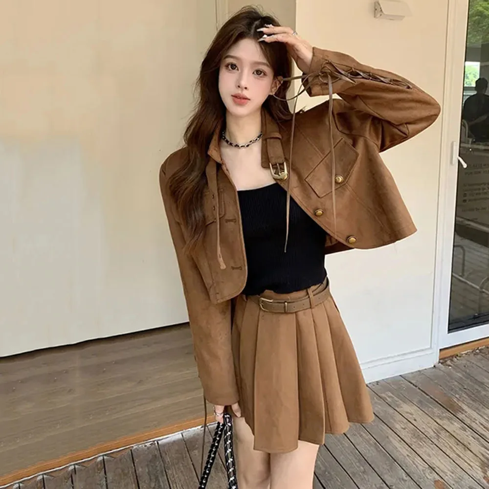 Suede Women Skirt Two Piece Set Autumn Long Sleeve Single Breasted Jacket Short Coat Tops + Pleated Mini Skirt Streetwear Outfit