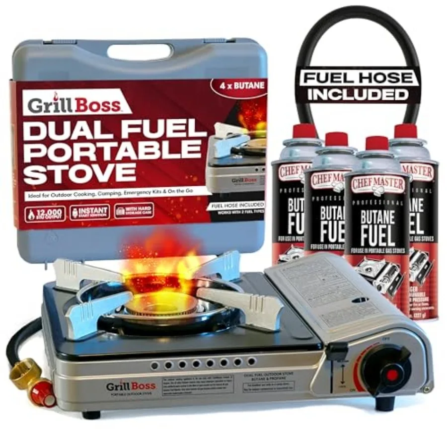 

Grill Boss Dual Fuel Camp Stove with 4x 8oz Butane Canisters 12000 BTU Portable Stove for Outdoor Cooking Camping Adventures Em