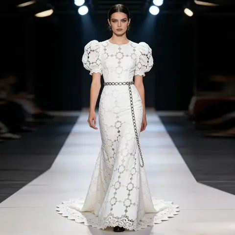 HIGH STREET Neuestes 2026 Modisches Elegantes Formelles Abendkleid für Damen mit O-Ausschnitt, Blumenmuster, Guipure-Spitze, Kurzen Ärmeln und Fischschwanz-Schnitt