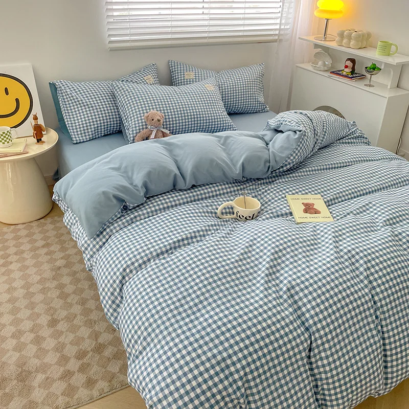 Duvet Cover Bed Set  Linen Pure Cotton Four-piece Set Simple Checkered Washed Cotton Bed Sheets Duvet Covers Striped Bedding