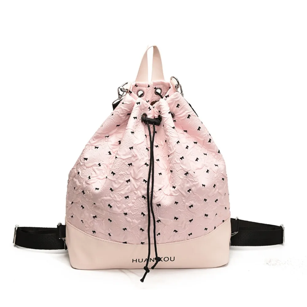 

Large Capacity Bow Pleated Backpack Lightweight Nylon Sweet Shoulder Bag Korean Style Solid Color Drawstring Fitness Bag