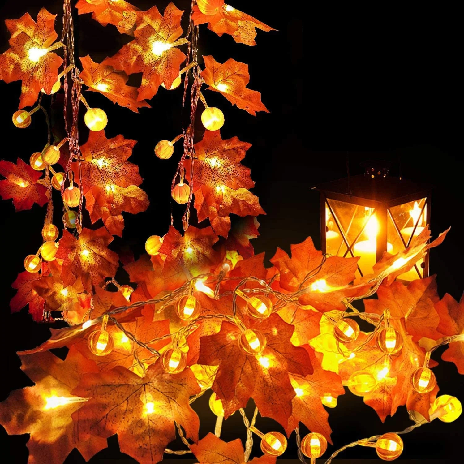 

Thanksgiving Decoration Pumpkin Maple Leaf String Lights 20 Ft 40 LED 3 AA Battery Operated Fall Leaves Garland for Indoor Outdo