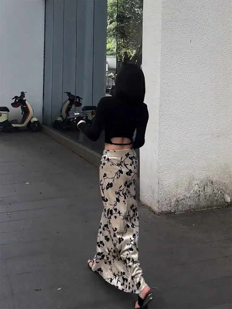 

Ретро-юбка из бархата с принтом, женская, осенне-зимняя, новая модная, с эластичной талией, стройнящая, длинная, для повседневной носки, в корейском стиле