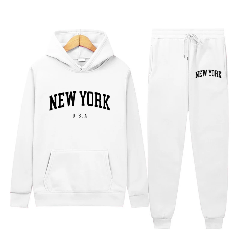 New York Letter U.S.A City Hoodies + Pants 2 Pieces Sets Men Fashion Sweatshirts Women Casual Hooded Pullovers Sportwear Suit