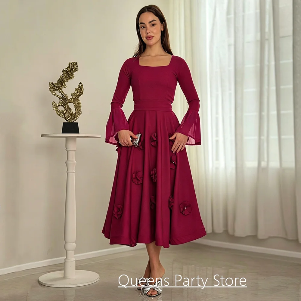 

Customized Simple Short Evening Dress Square Neck Long Sleeves Flowers Tea Length A Line Saudi Arabian Prom Party Gown