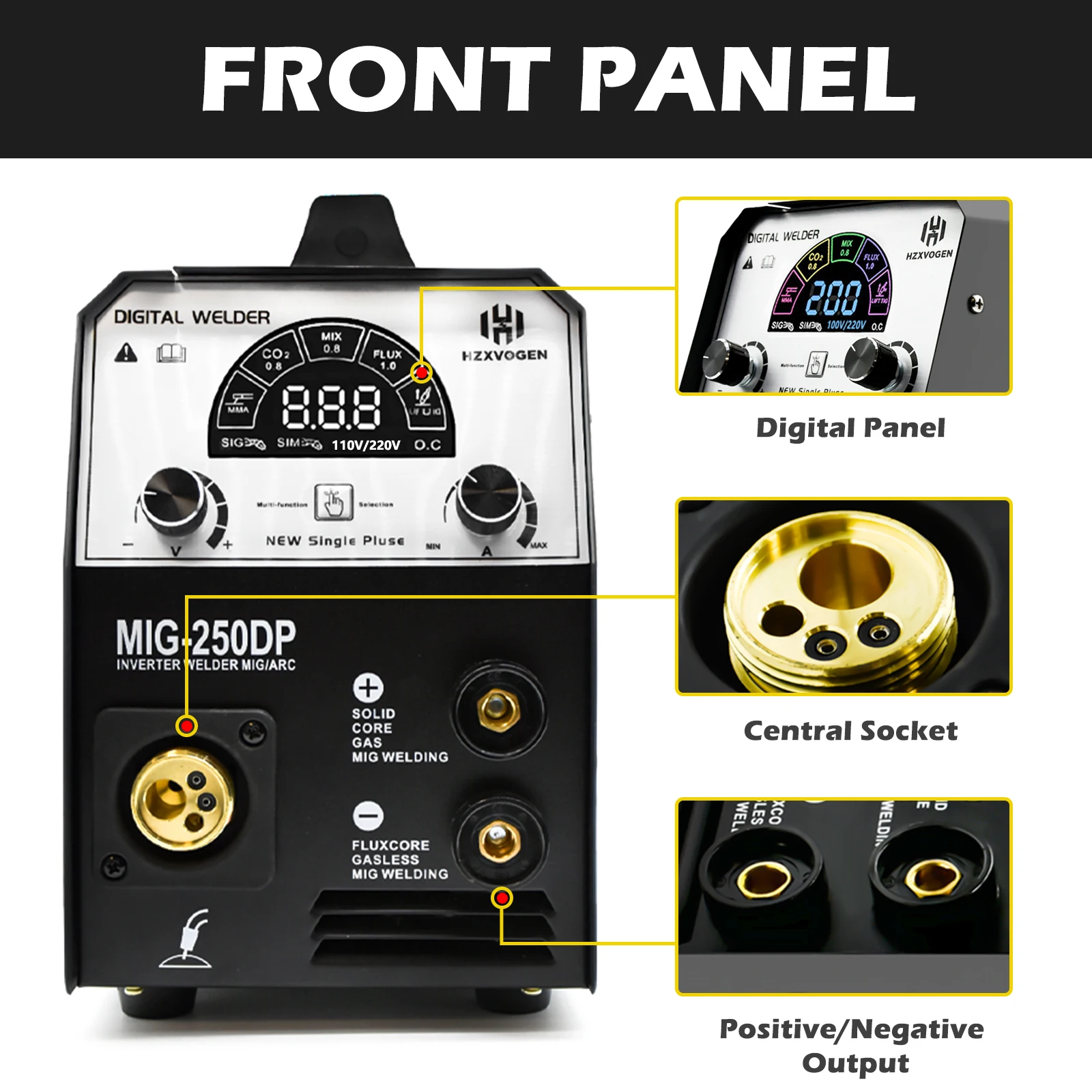 Hzxvogen 110V/220V Igbt 5in1 Mig Welder Pulse Mig250Dp Gas/Gasless Mig Arc Mma Tig Semi-Automatic Led Display Welding Machine for Aluminum