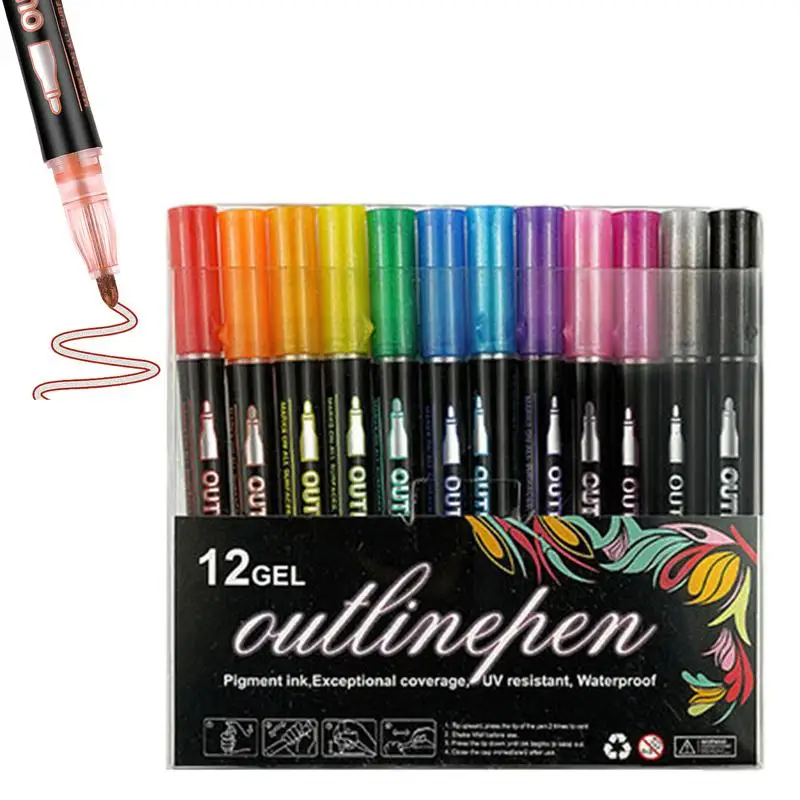 Outline Markers Double Lines Glitter Gel Outline Pen Set Self-Outline Markers For Glitter Doodle Drawing Scrapbooking Journaling