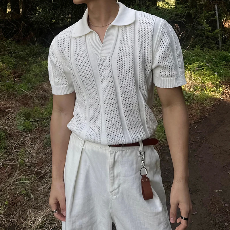 Fashion Slim Knitted Mesh Polo Shirts Mens 2025 Summer Trendy Lapel Button Short Sleeve Polo T Shirt For Men Streetwear Pullover