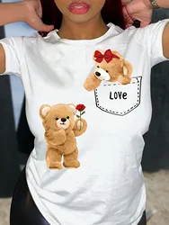 Cute Bear Print T-shirt Short Sleeve Crew Neck Casual Top for Summer & Spring Women's Clothing Casual Female Clothing