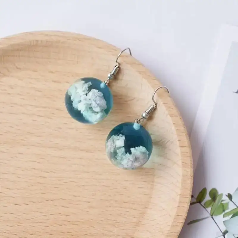 New Nightlight Planet Blue Sky White Cloud Forest Style Transparent Spherical Resin Fashion Earrings for Men and Women