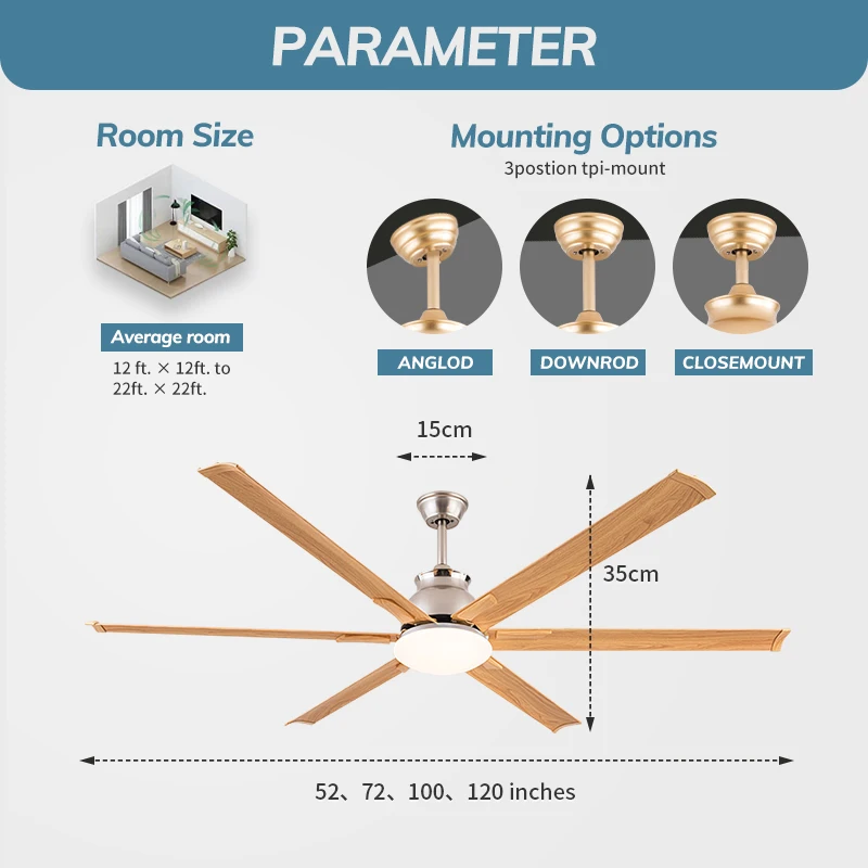 100 Inch Modern Large Fan Light 6 Blades 6 Speed Strong Wind DC Motor Silent Industrial Ceiling Fan with Light