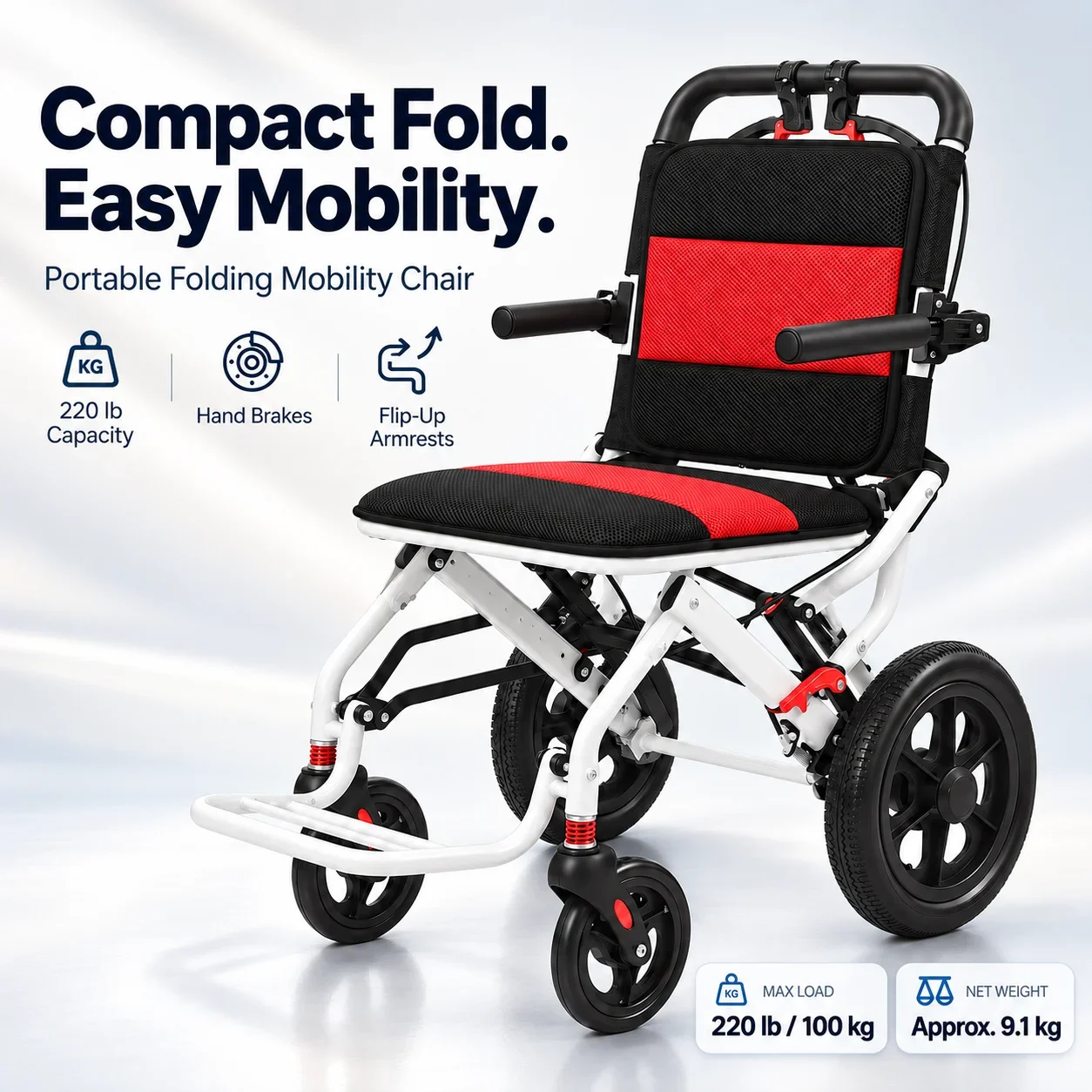 Lightweight Foldable Wheelchair for Adults Elderly Portable Manual Transport Travel Wheelchair Compact 220lb Capacity