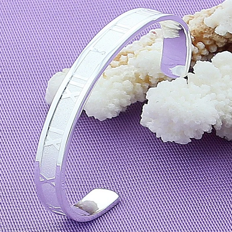 

925 Sterling Silver 7MM Round Roman Numerals Bangle Cuff Bracelet For Women Fashion Wedding Party Charm Jewelry