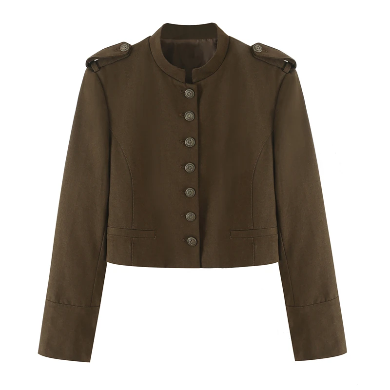 Guobioziy 2026 Autumn Women Vintage Cropped Jacket Stand Collar Epaulet Accent Button Front Chic Office Daily Outer Coat
