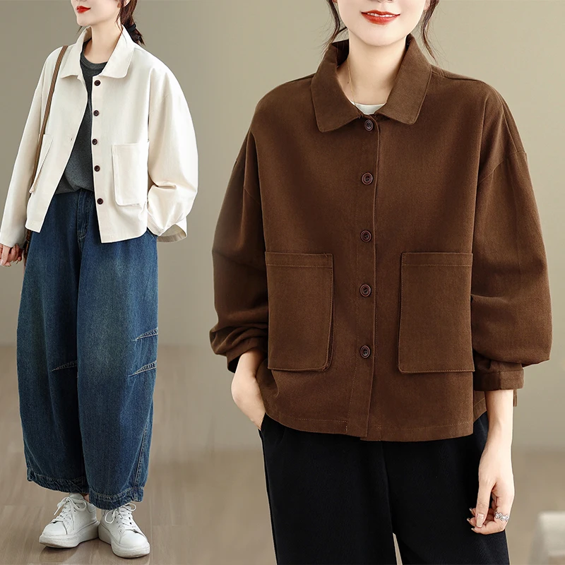 

Autumn Winter Cotton Workwear Jaet Women's Double ket Pure Color Turn-down Collar Design Sensation Open Cardigan