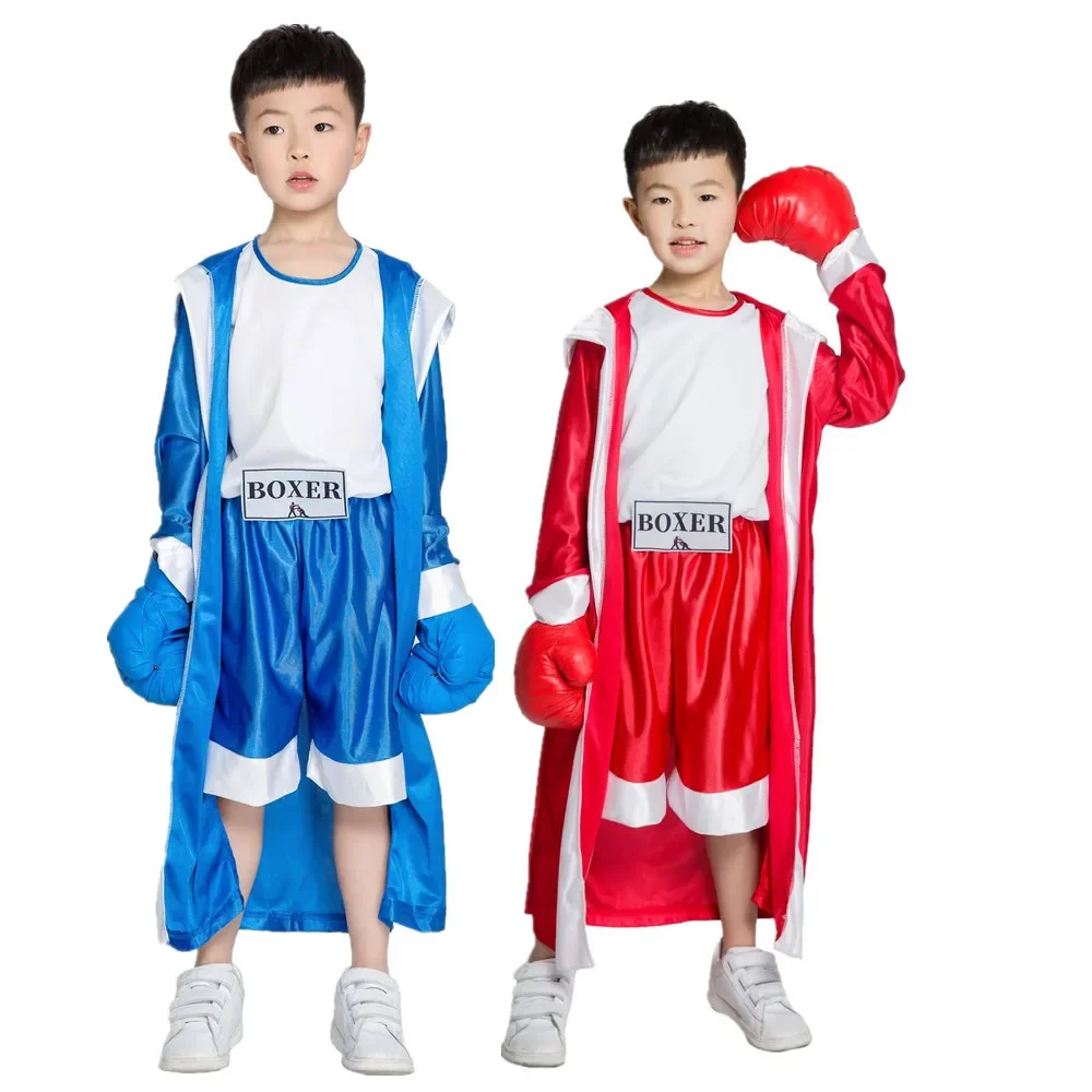 เด็กสีฟ้าสีแดงสีดํานักมวยเครื่องแต่งกายฮาโลวีน Boy Boxing Match Jumpsuit พร้อม Robe เครื่องแต่งกาย