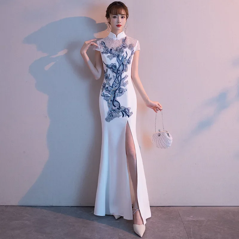 

Винтажное белое платье Cheongsam 2025, новое платье с аппликацией в стиле ретро, длинное женское платье русалки большого размера Qipao