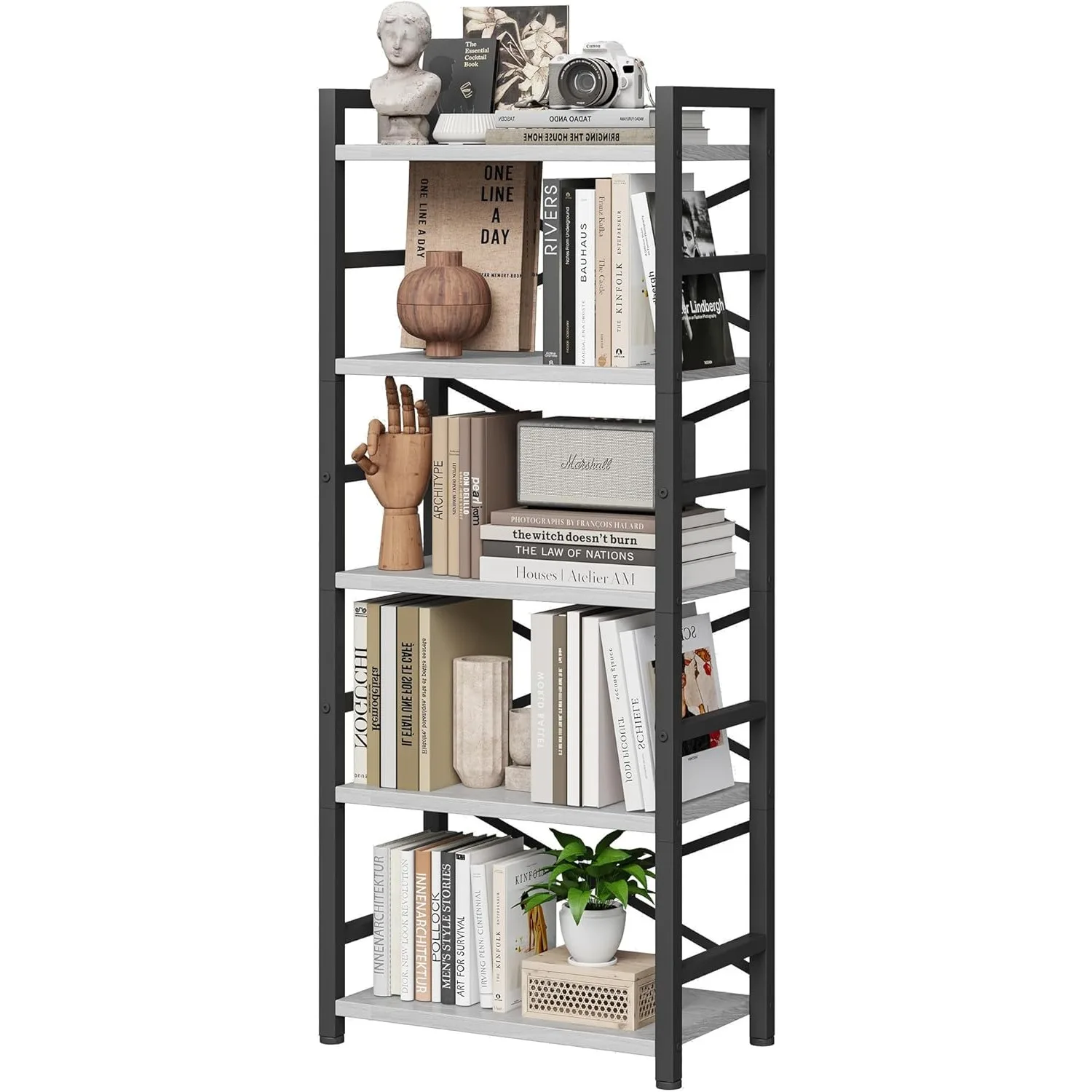 

Organization and Storage, 5 Tier Bookshelf, Tall Bookcase with Shelves, Wood and Metal Book Shelf Storage Organizer, Industrial