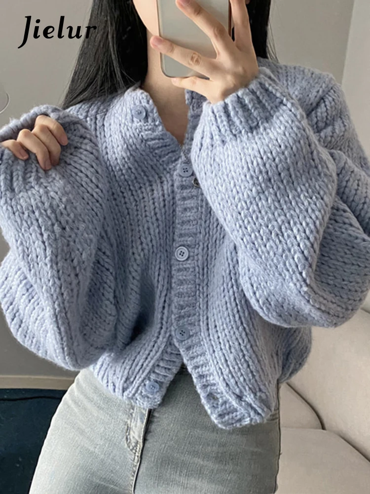 Jielur Korean Chic Winter Women Cardigan Vintage Solid Color O-Neck Cardigan Woman Blue Yellow Purple Pink Knitted Top Female