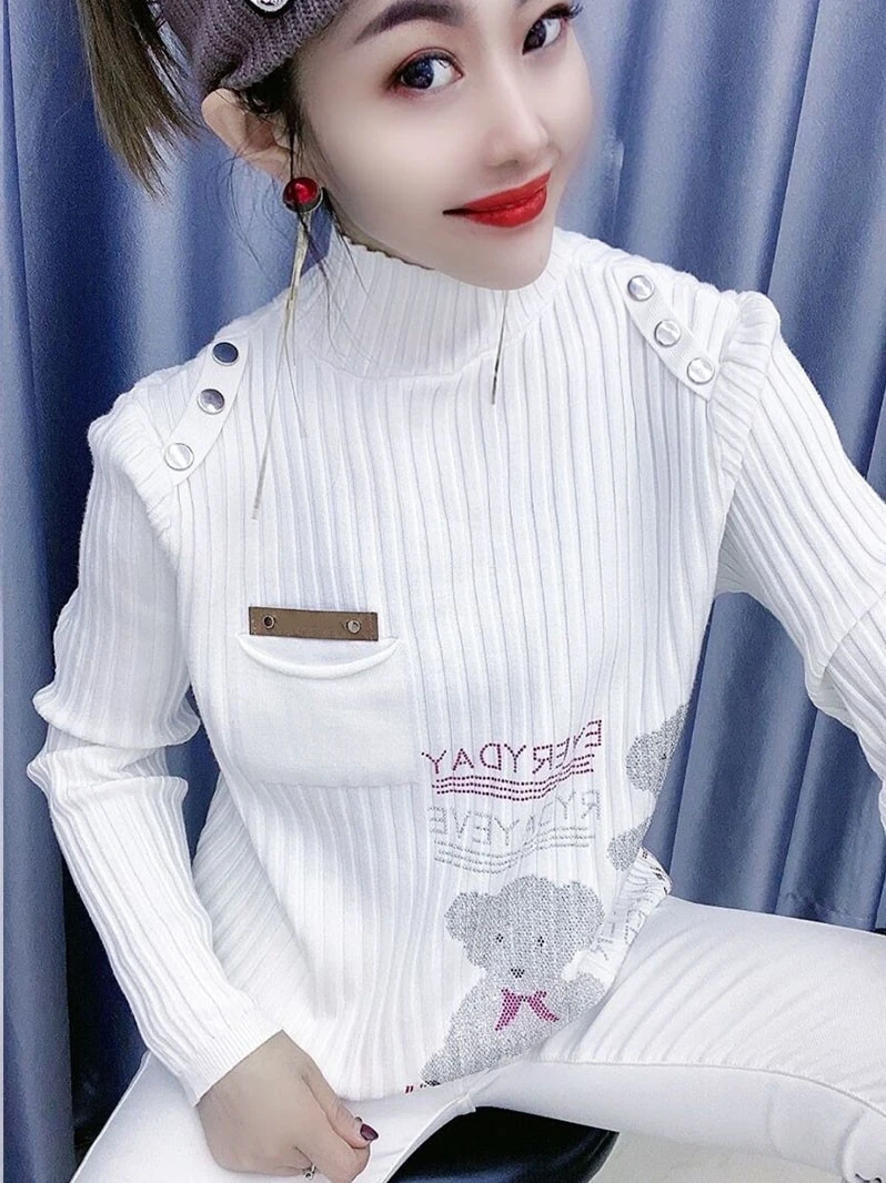 

Faionable Bear Pattern f High Collar Knitted Sweater Women's Loose Base Layer irt Trendy Winter Warm Fine Yarn Long Sl...