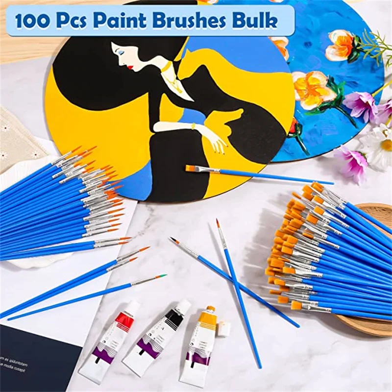 100pcs Paint Brushes Set for Kids Acrylic with Flat Round Pointed Paint Brushes Craft Watercolor Oil Painting Brushes