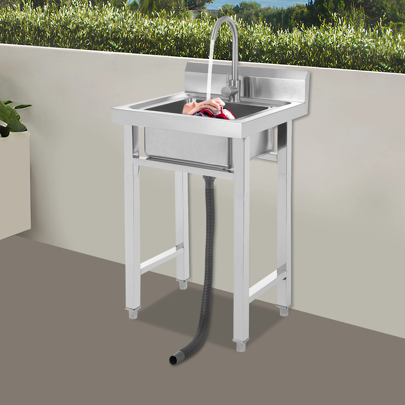Movable Stainless Steel Utility Sink – Single Bowl, 50x40x80 Cm, With Faucet, For Garage, Restaurant, Laundry, Outdoor Use
