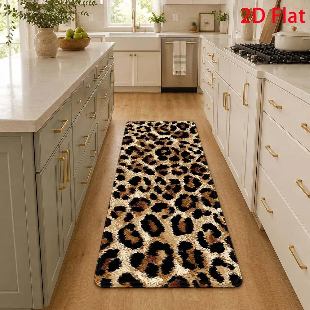 Leopard Print 2D Flat 1/2/3pc Set Runner Rug Doormat Home Decor Hallway Laundry Bedroom Living Room Kitchen Welcome Mat