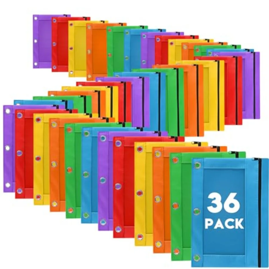 

Pencil Pouch for 3 Ring Binder, 36 Pack Bulk Pencil Bags with Zipper, 6 Colored Pencil Case for Classroom School Office supplie