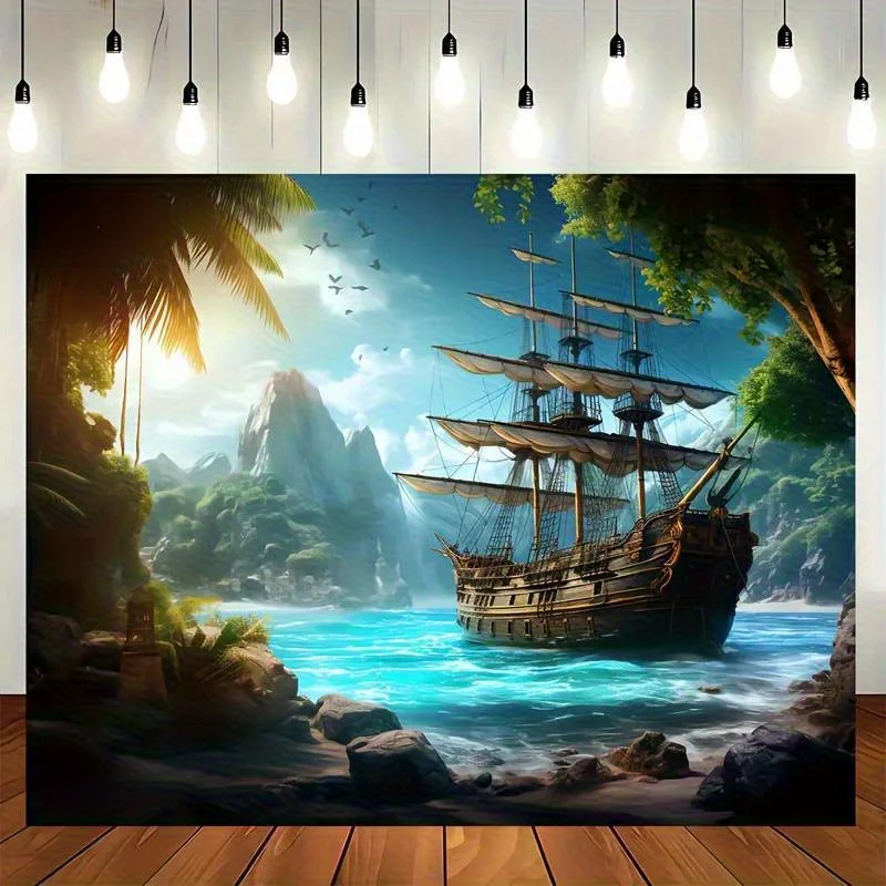Pirate Ship Tapestry - Tropical Island Adventure, Vintage Sailing Boat & Ocean View, Fantasy Wall Art, Polyester, Multiple Sizes