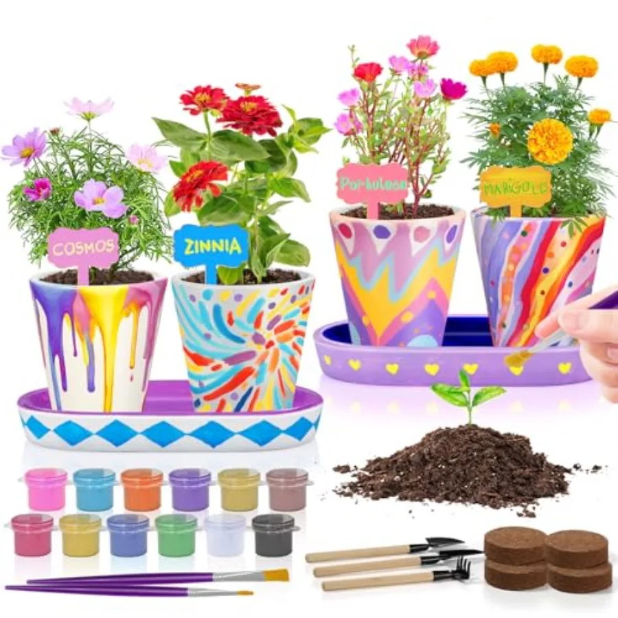 

【Spot goods】4 Set Paint and Plant Flower Gardening Kit - Gifts for Girls Ages 8-12 Arts and Crafts for Ages 8-12 Gardening Set