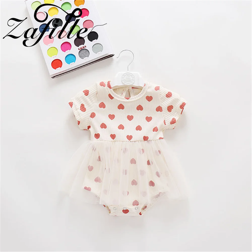 

ZAFILLE Sweet Baby Clothes Mesh Dress Heart Printed Newborns Bodysuit Sleepwear Summer Kids Toddler Girls Rompers Party Outfits