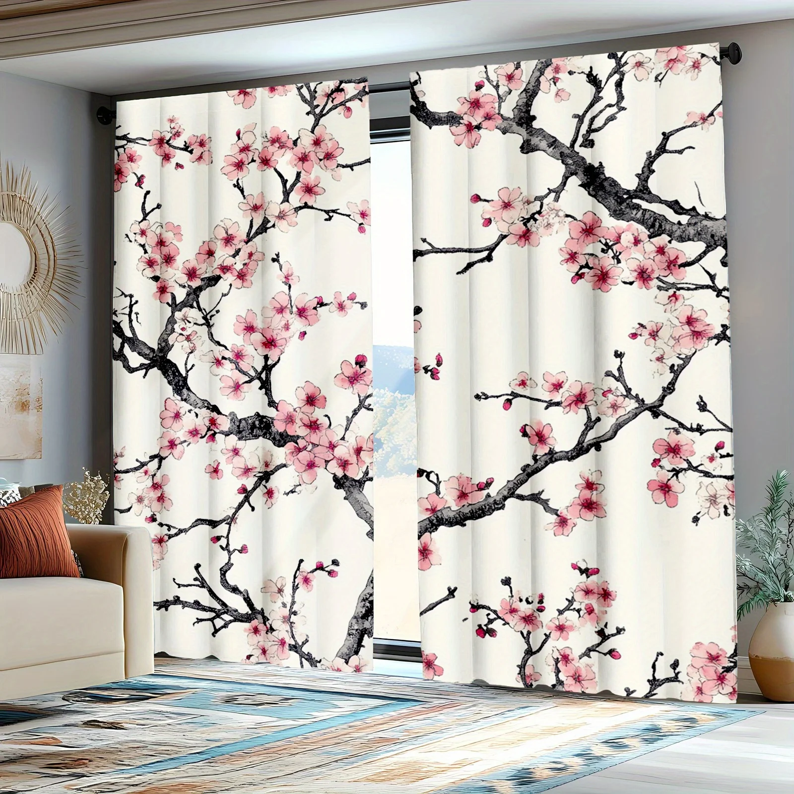 2pc Japanese cherry blossom and cherry branches print curtains, polyester fabric, suitable for bedroom living room