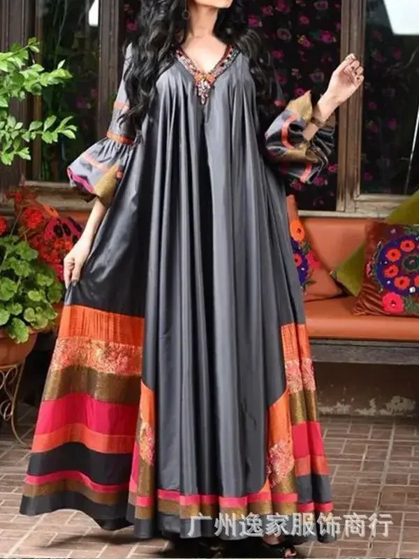 V-neck Loose Muslim Abayas for Women Vintage Printed Long Dress Women Breathable Middle Eastern Robe Casual Long Sleeve Abaya