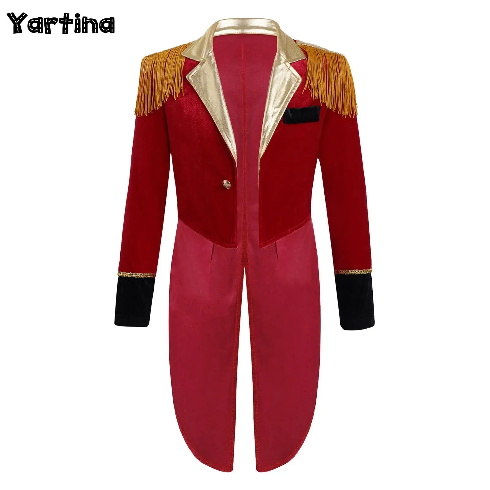 Red Kids Boys Circus Ringmaster Director Cosplay Costume Long Sleeves Tassels Adorned Dip Hem Coat Carnival Tailcoat Jacket