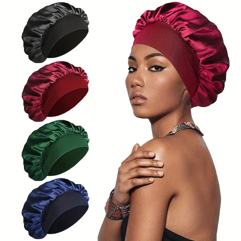 4 pcs Satin Hair Bonnet with Wide Elastic Band - Perfect for Sleeping, Showering, and Curly/Natural Hair Care