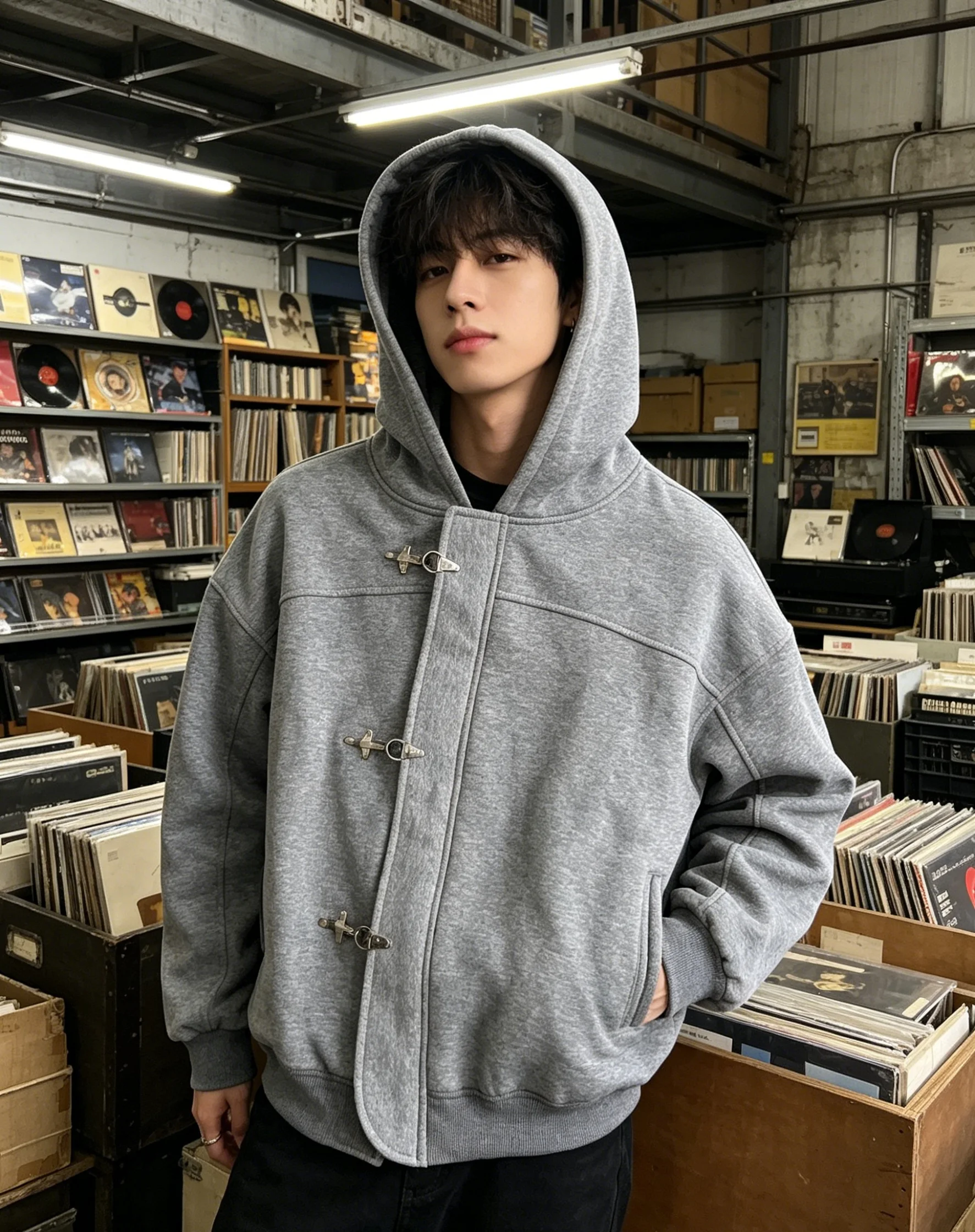 Old Money Style Linen Gray Airplane Buckle Hooded Sweatshirt, Heavyweight Cotton Loose Silhouette, Versatile for Daily Commuting