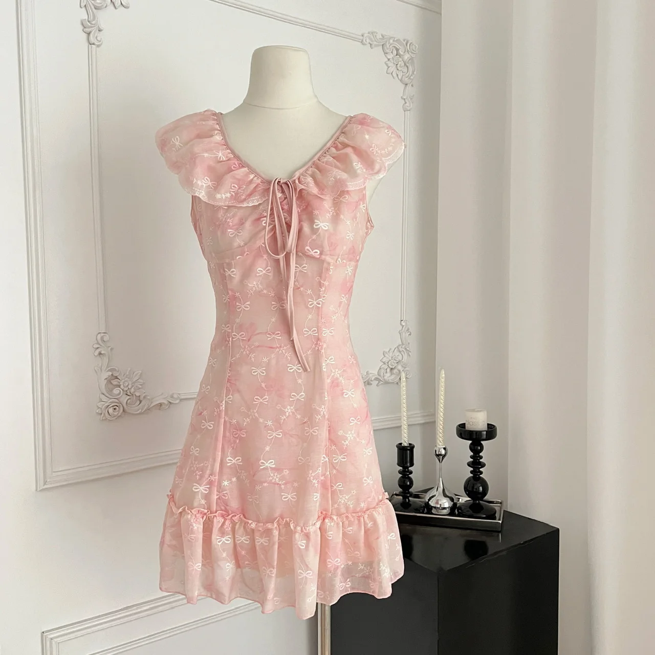 

Sweet Peach Pink Embroidery Bowknot Fly Sleeve Short Dress - Cute Summer Dresses for Women