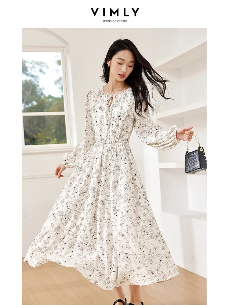 VIMLY Women\'s Elegant Long Sleeve Floral Print V-neck Casual Dress A-Line Knee-Length Elastic Waist Spring Autumn A-Line Dress