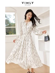 VIMLY Women's Elegant Long Sleeve Floral Print V-neck Casual Dress A-Line Knee-Length Elastic Waist Spring Autumn A-Line Dress