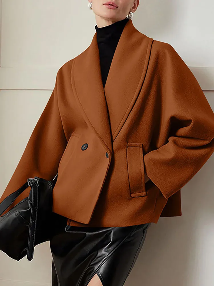 2025 büro Temperament Lange Ärmeln Outwear frauen Vintage Einfarbig Woolen Kurzen Herbst Mantel Casual Revers Taste Lose Jacke