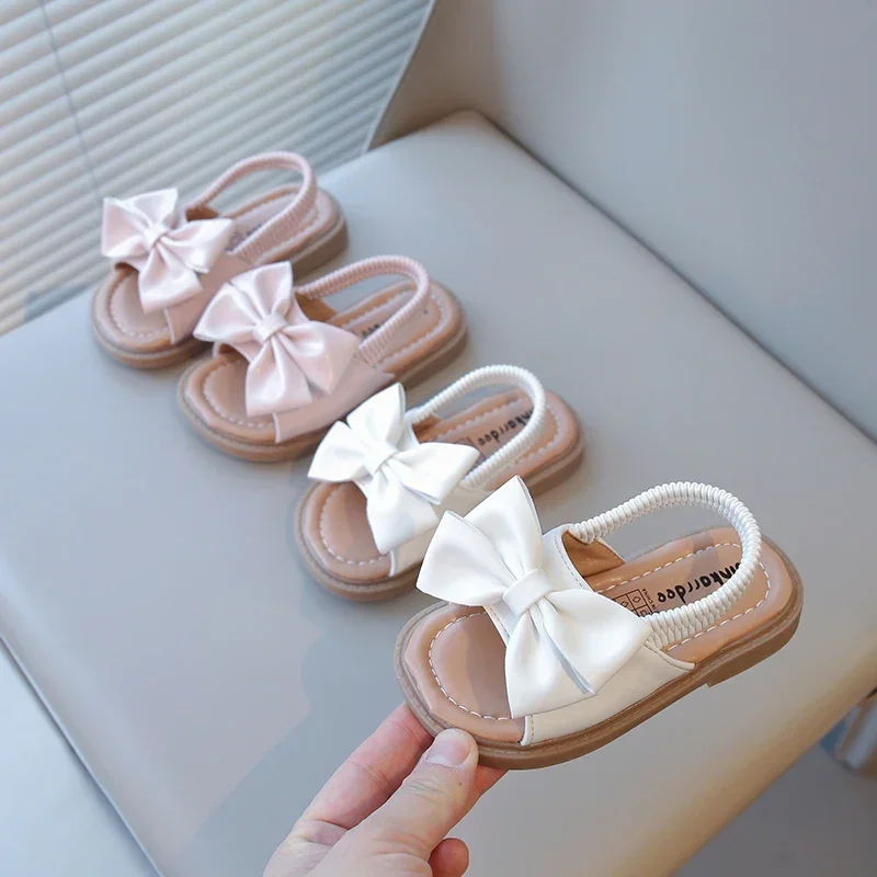 2026 Brand New Style Girls Princess Sandals Fashion Kids Beach Shoes Boho Design with Big Bow-knot Elastic Band Slip-on Sweet