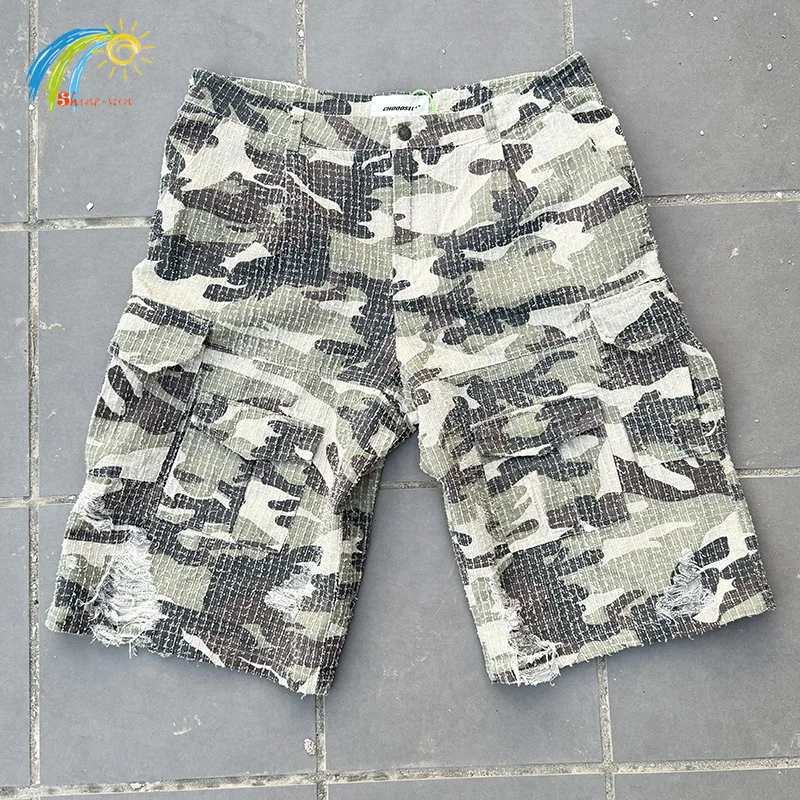 25SS Hip Hop Wear Out Damaged Hole Camouflage Multi Pockets Workwear Shorts Men Women Best Quality Functional Cargo Breeches