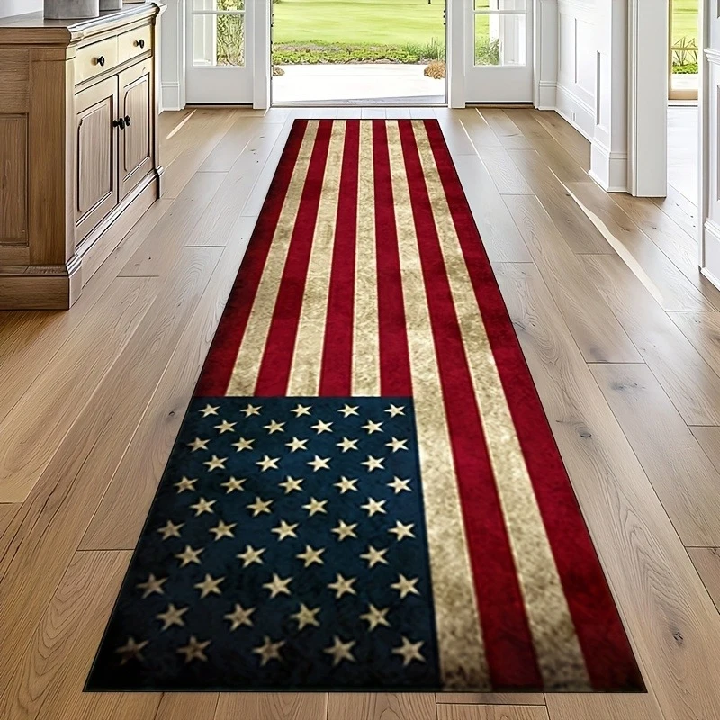VIKAMA Vintage American Flag Runner Rug, Non-Slip Washable Hallway Carpet, Patriotic USA Star Stripe Print Floor Mat for Entrywa