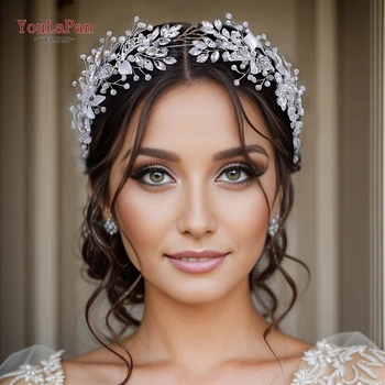 Youlapan ที่คาดผมประดับคริสตัลสำหรับเจ้าสาว, ที่คาดผมใบไม้อัลลอยสำหรับเจ้าสาวเครื่องประดับผมงานแต่งงานเจ้าหญิงรัดเกล้ามงกุฏ HP272สำหรับการประกวด